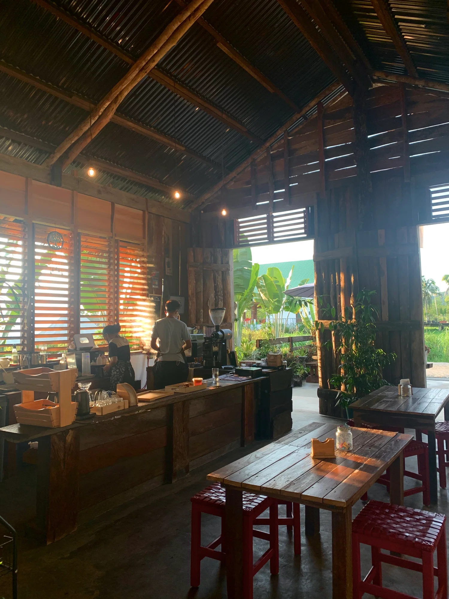 Warm rustic Filipino coffee shop interior